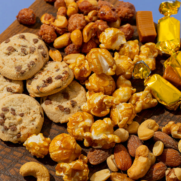 Elegant Square Gift Tin with Chocolate, Nuts & Caramel Treats
