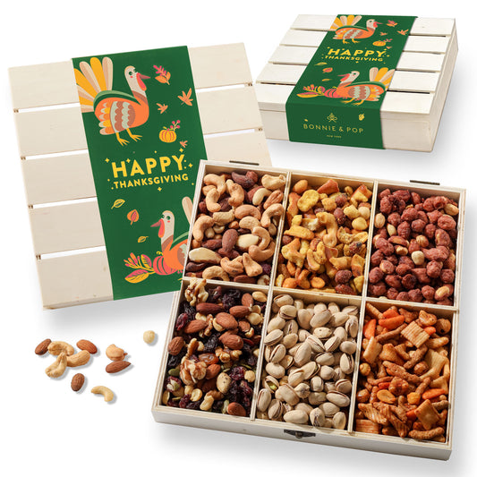 Thanksgiving Gift – Gourmet Nut Crate with 6 Compartments of Sweet & Savory Snacks
