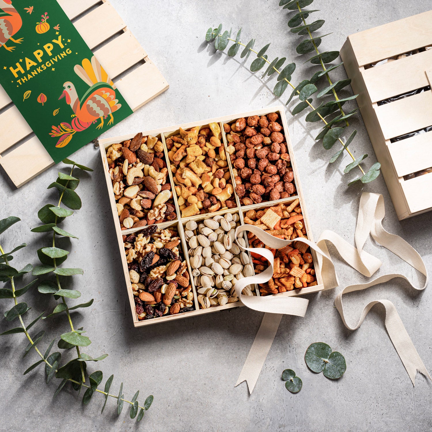 Thanksgiving Gift – Gourmet Nut Crate with 6 Compartments of Sweet & Savory Snacks