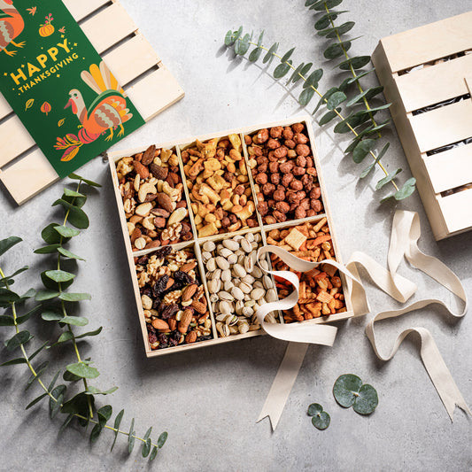 Thanksgiving Gift – Gourmet Nut Crate with 6 Compartments of Sweet & Savory Snacks