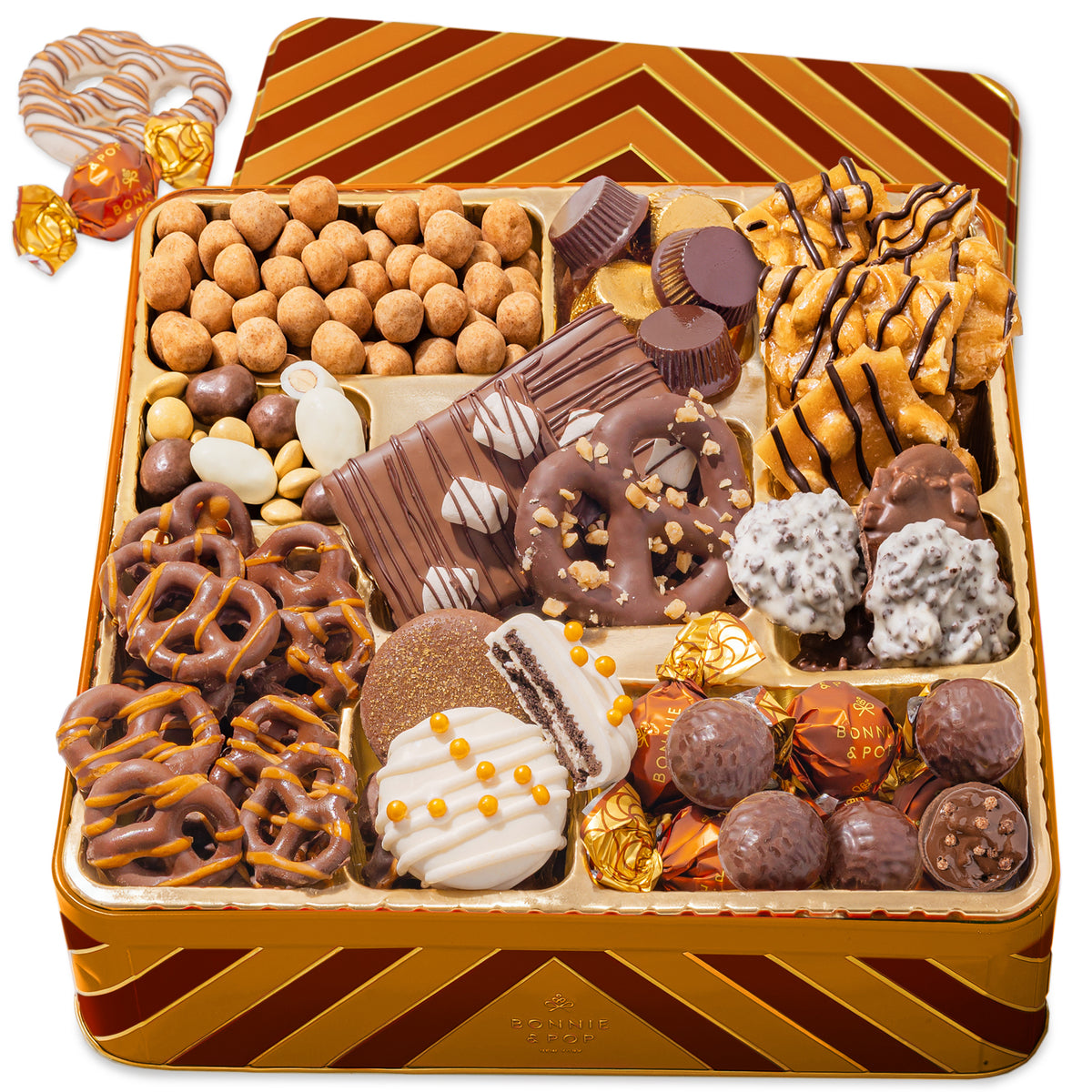 Chocolate and Snack Assortment Gift Basket – Deluxe Gift Box with Gourmet Chocolate & Nut Assortment in Gold Tin