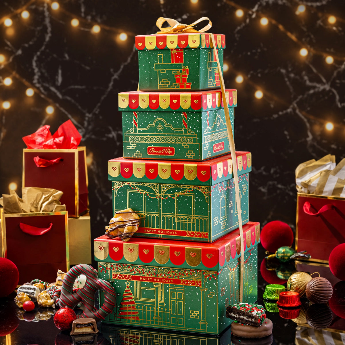 Christmas Gift Basket – Four-Tier Tower of Holiday Chocolates, Caramels & Treats