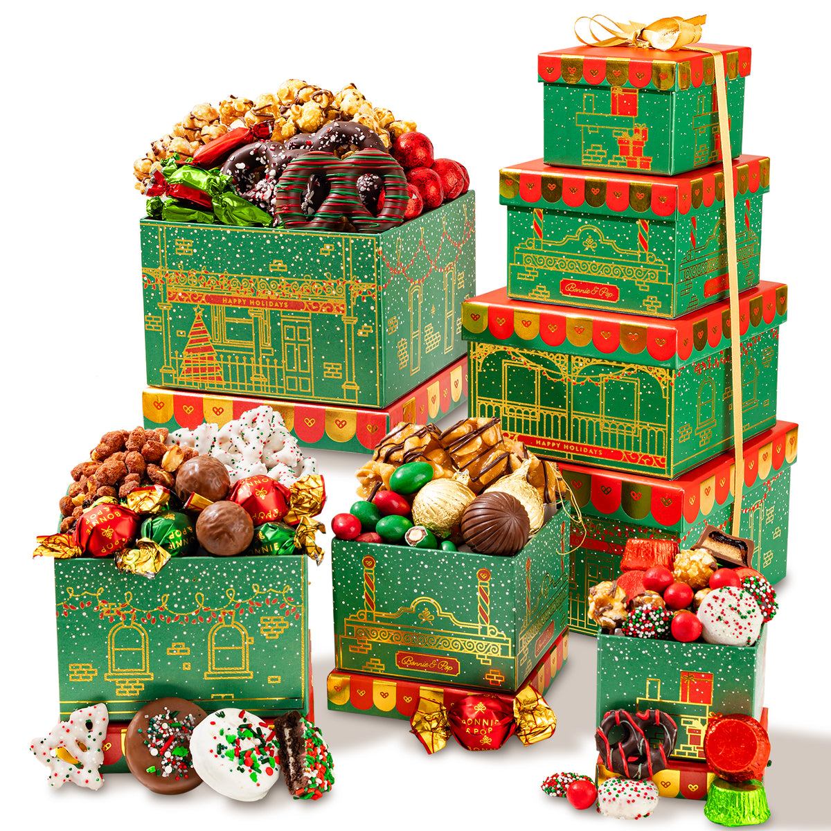 Christmas Gift Basket – Four-Tier Tower of Holiday Chocolates, Caramels & Treats