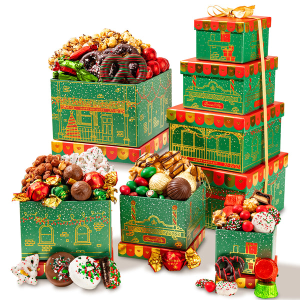 Christmas Gift Basket – Four-Tier Tower of Holiday Chocolates, Caramels & Treats