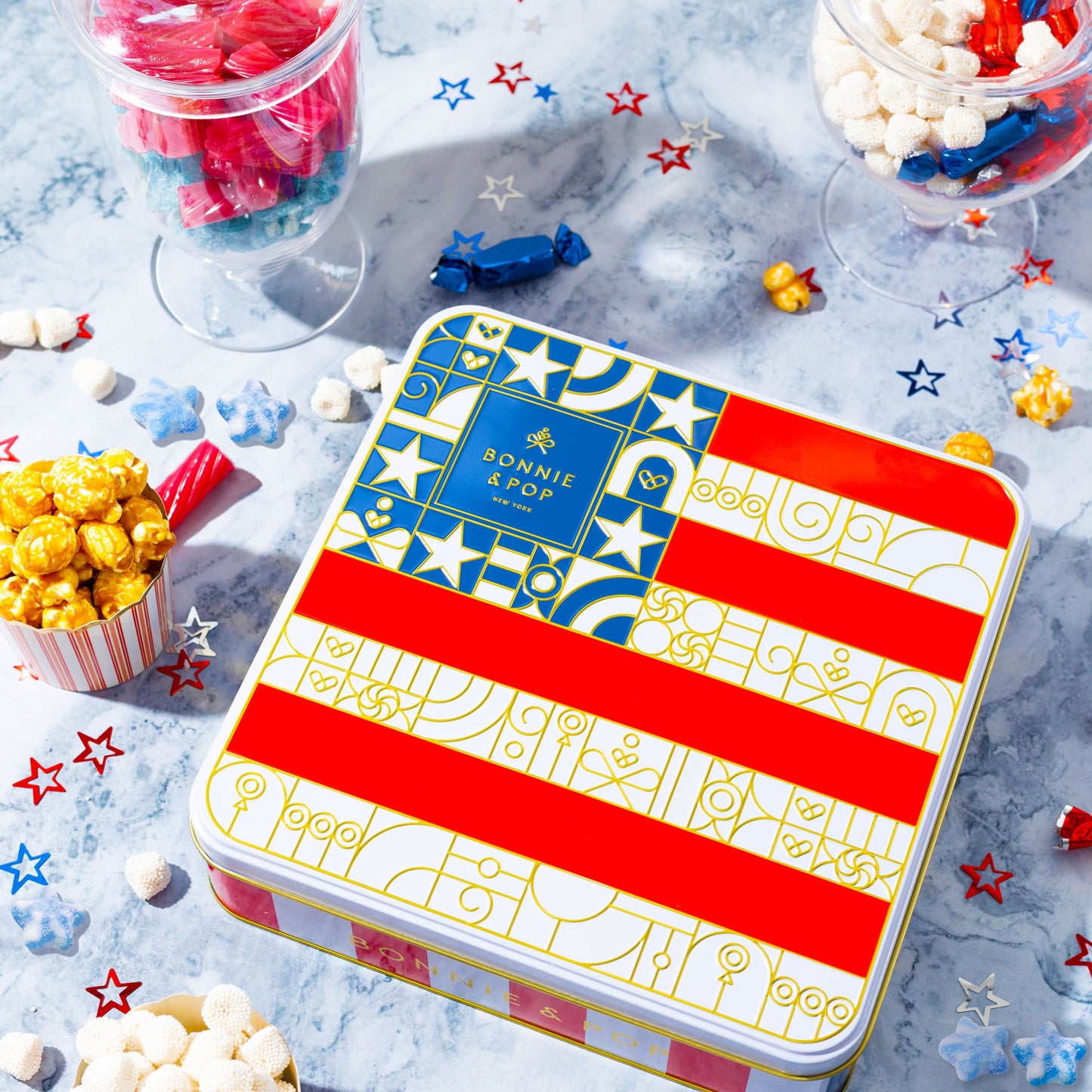 The Americana Gift Tin- Red, White, and Blue Patriotic Candy Sampler