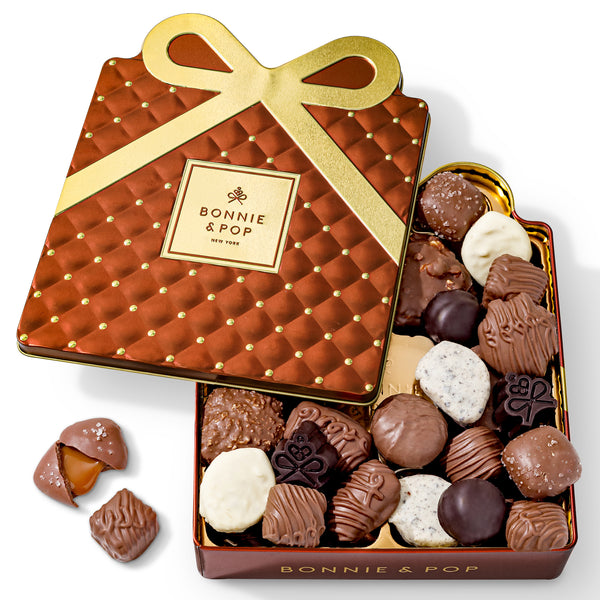Gourmet Chocolate Gift Box – Elegant Bow Tin with Belgian Truffles - Copper