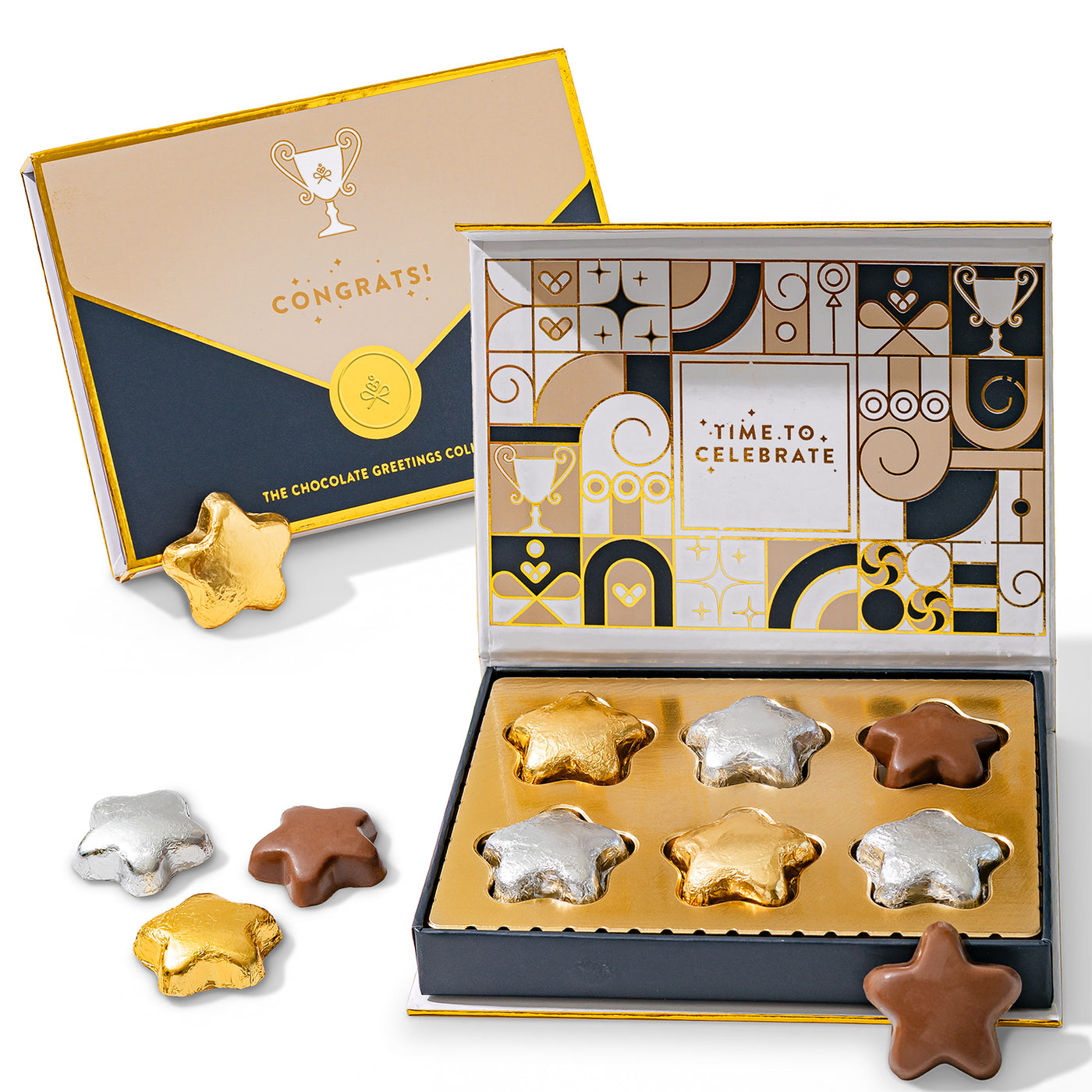 Congratulations Chocolate Gift Box | Edible Greeting Card. This product is a chocolate gift box set featuring six star-shaped chocolates in a decorative, envelope-style packaging