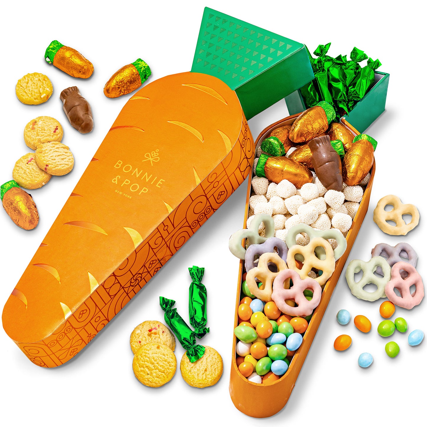 Easter Carrot Treat Tin Gift – Spring Candy Assortment with Caramels, Champagne Bubbles Candy, Candied Peanuts, Yogurt Pretzels & Shortbread Cookies