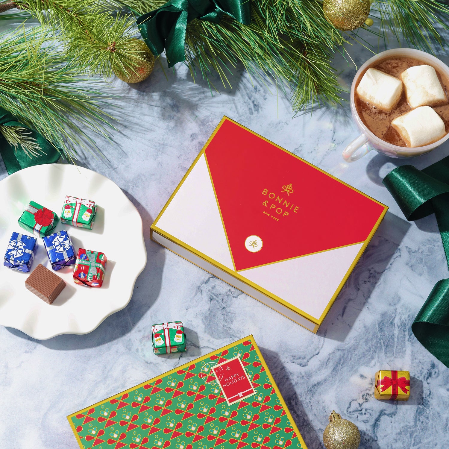 Merry Christmas Holiday Greetings Card with Foiled Chocolate Gift Boxes