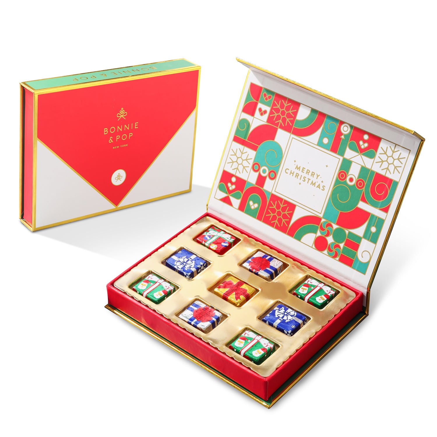 A festive, envelope-shaped gift box with Christmas-themed patterns containing an array of colorful wrapped chocolates.