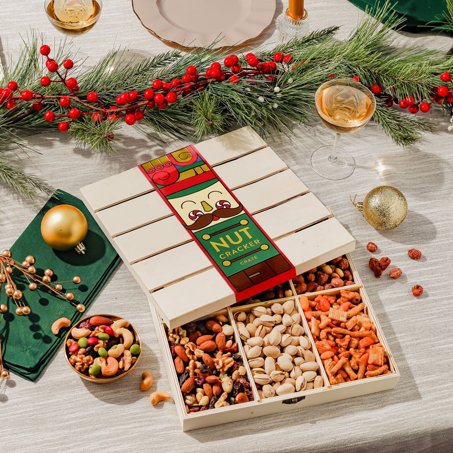 Nutcracker-Themed Wooden Crate with Gourmet Savory Snacks