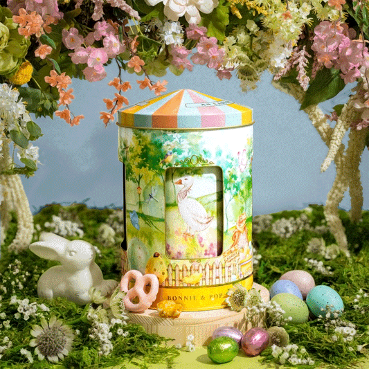 Musical Easter Carousel Gift Tin with Spring Candy Assortment – Plays Easter Music, Chocolate Eggs, Yogurt Pretzels & Popcorn