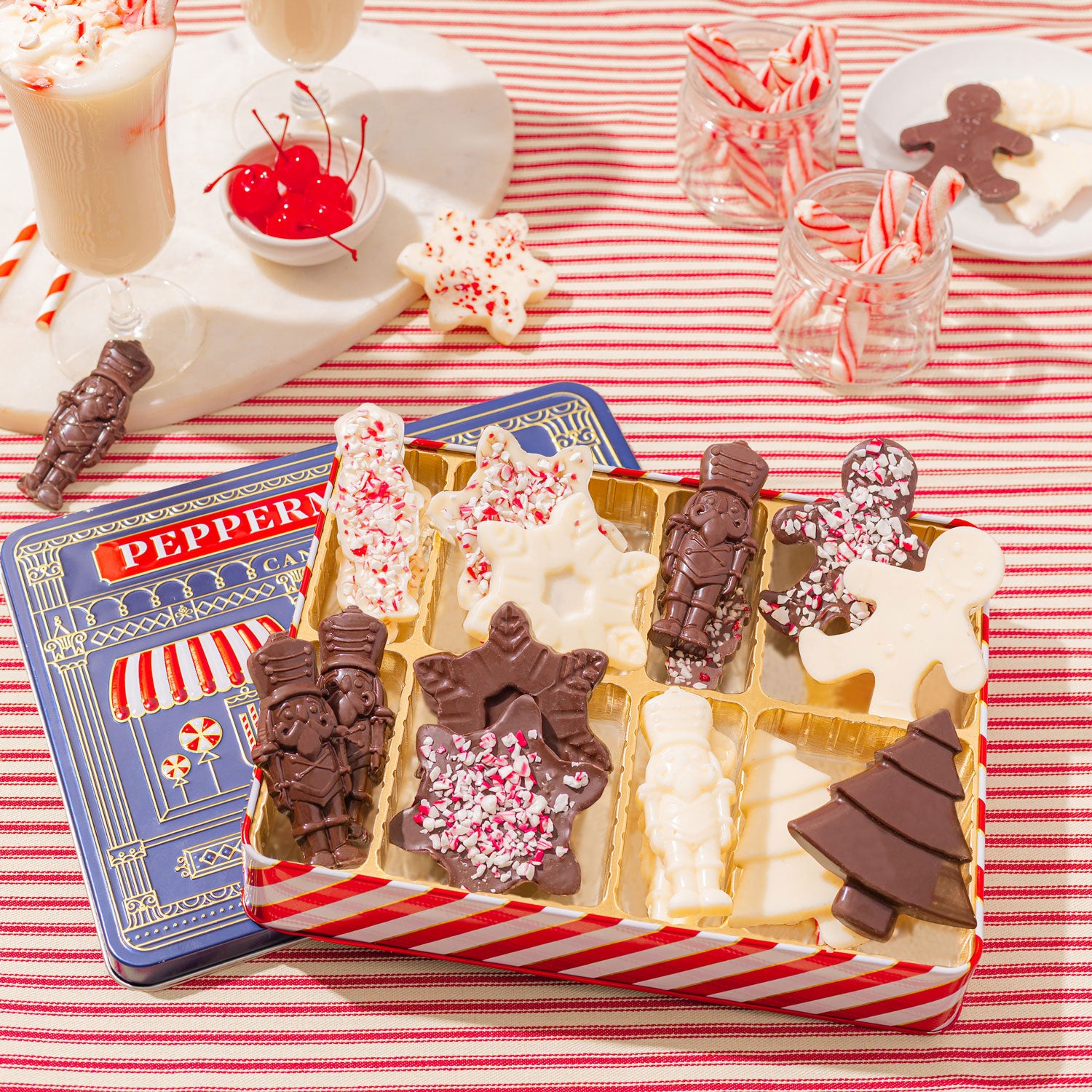 Christmas Gift – Peppermint Bark Gift Tin with Holiday-Shaped Chocolates