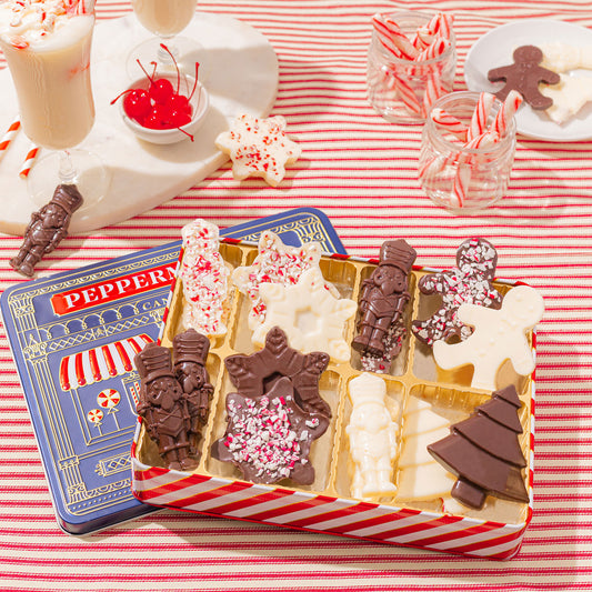 Christmas Gift – Peppermint Bark Gift Tin with Holiday-Shaped Chocolates