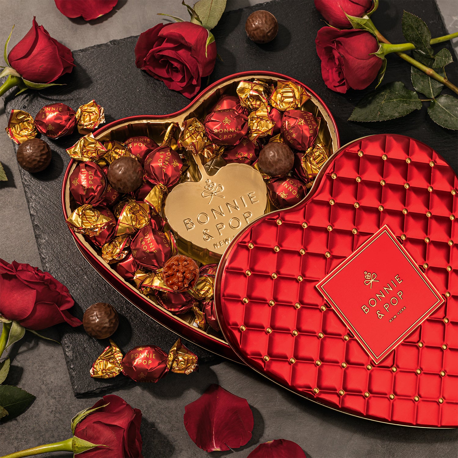 Valentines Day Chocolate Gift- Heart Shaped Tin with Chocolate Hazelnut Bon Bons