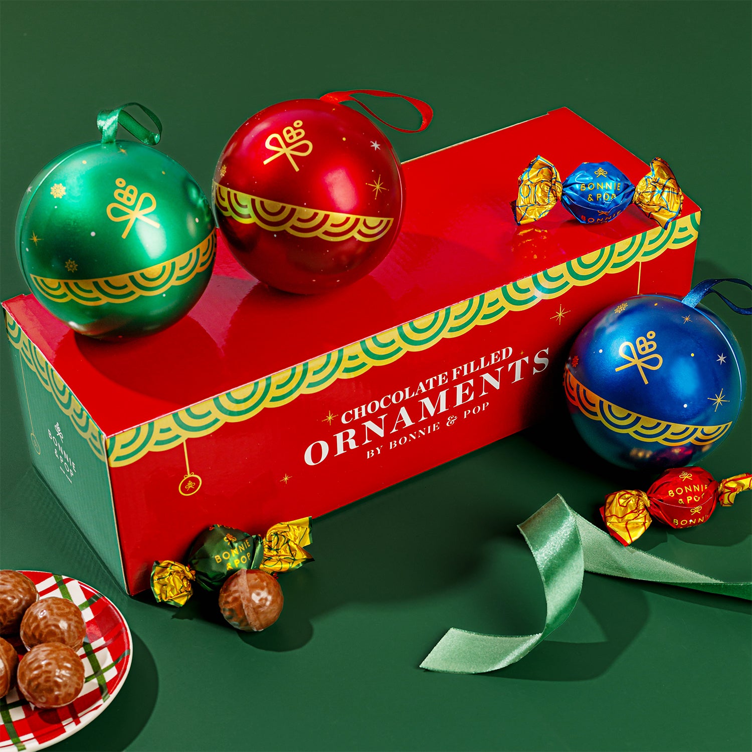 Christmas Gift- Festive Ornament Tins Filled with Gourmet Chocolate Bon Bons- Set of 3