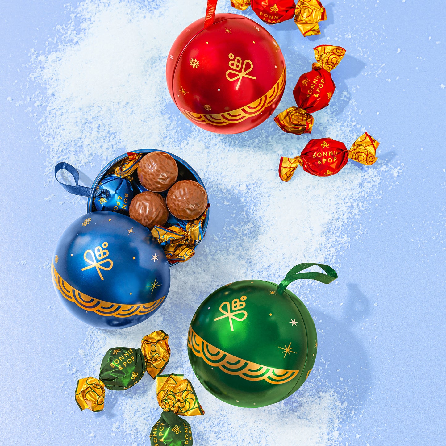 Christmas Gift- Festive Ornament Tins Filled with Gourmet Chocolate Bon Bons- Set of 3