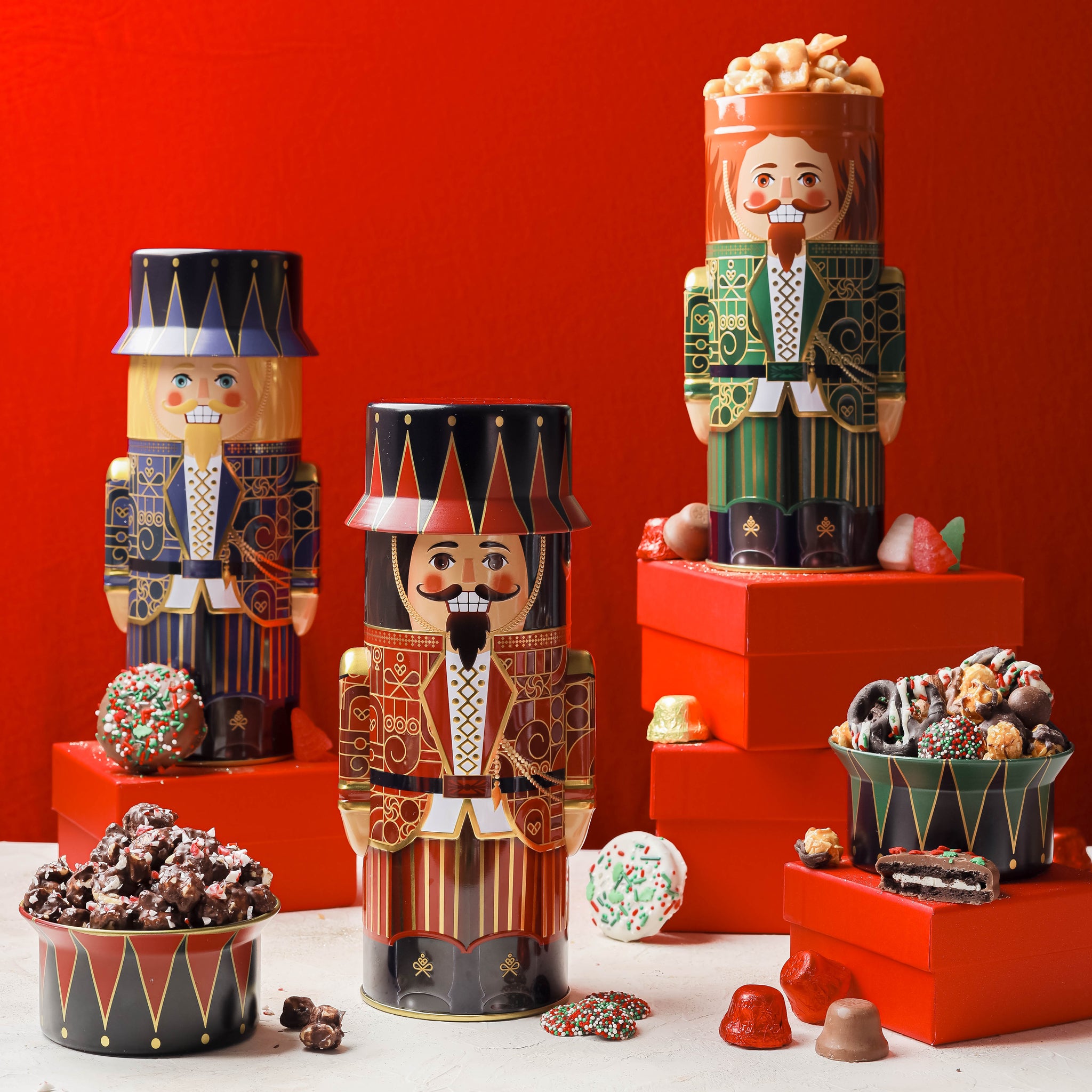 Christmas Gift Basket – Chocolate & Holiday Treat Trio in Nutcracker Toy Soldier Tins