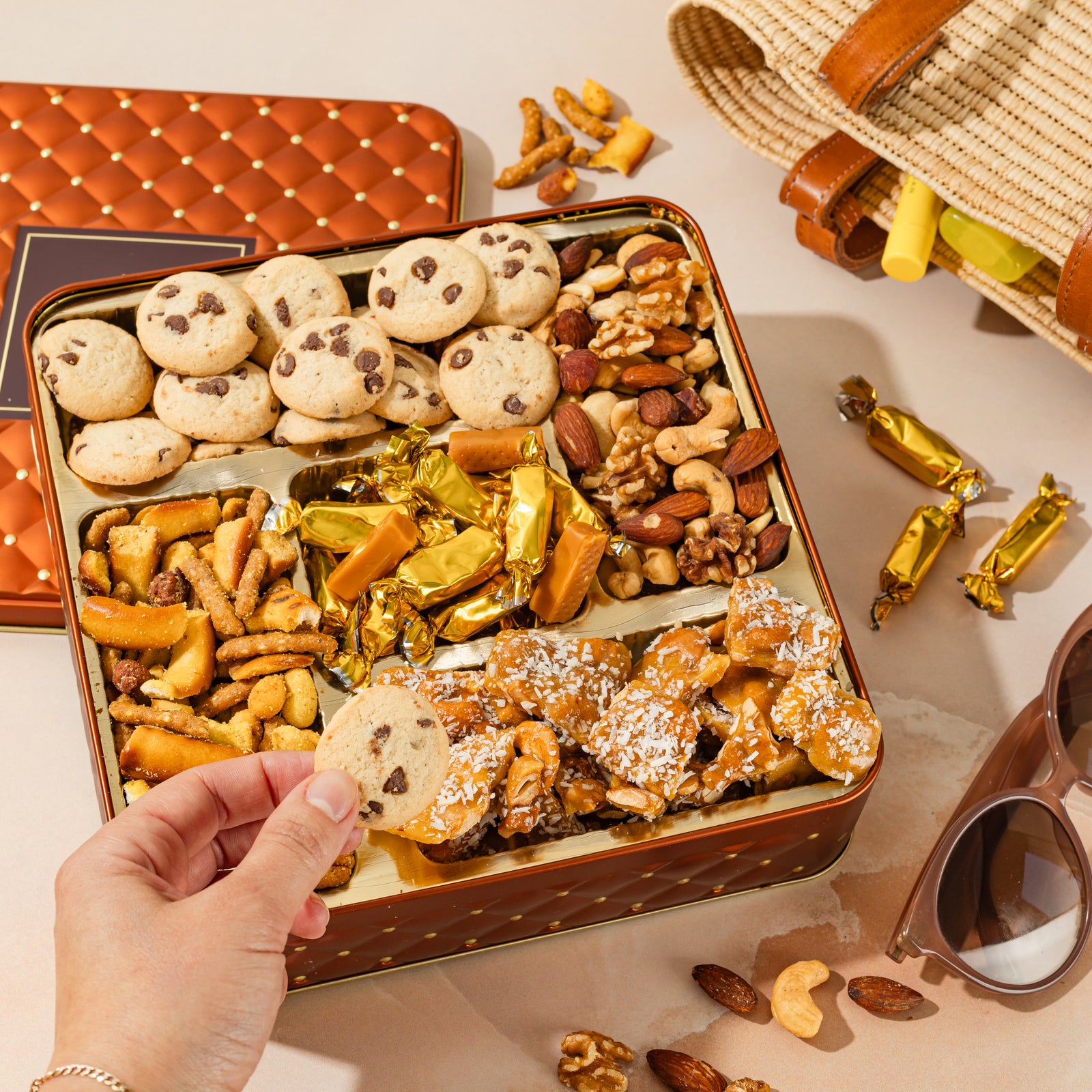 Elegant Square Gift Tin with Chocolate, Nuts & Caramel Treats