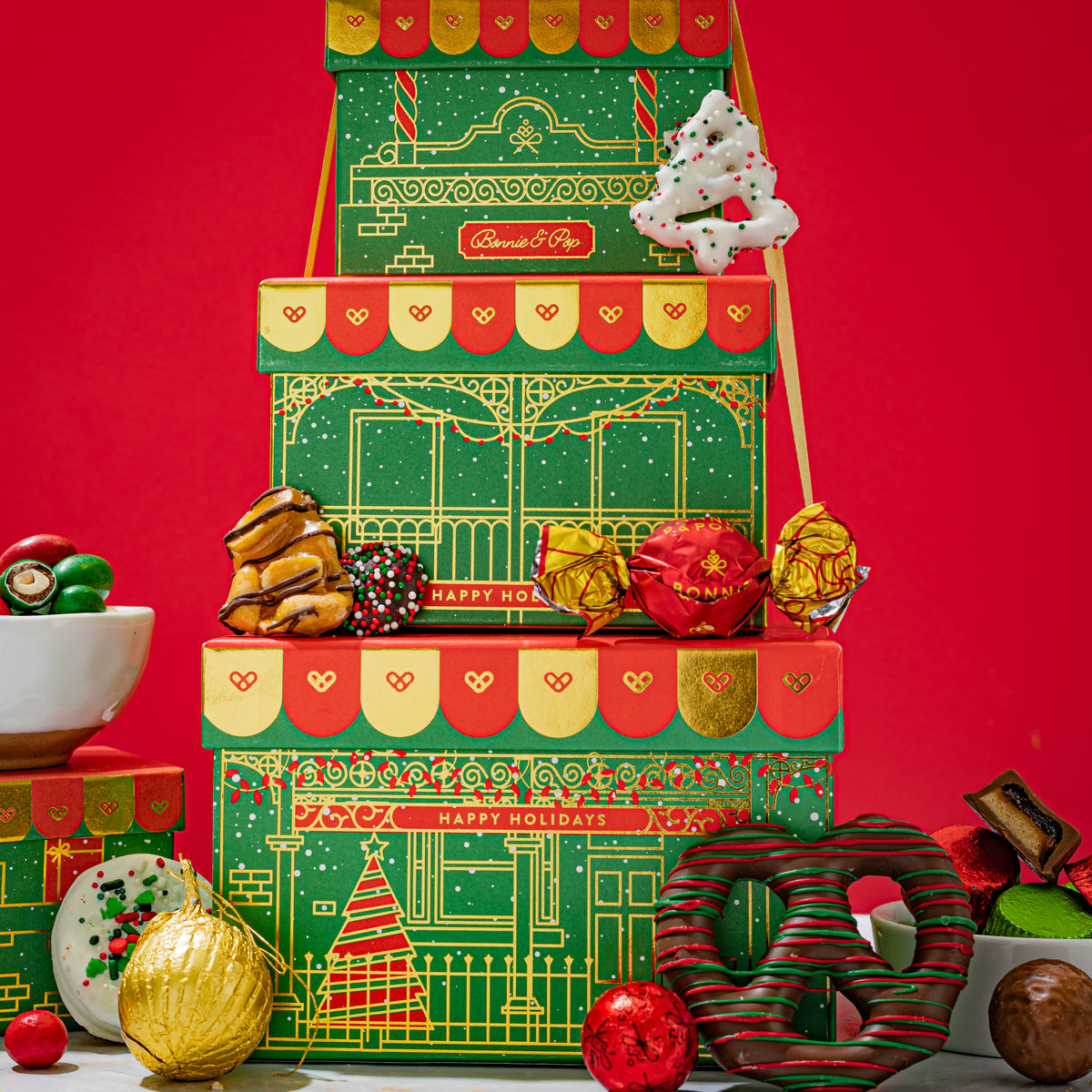 Christmas Gift Basket – Four-Tier Tower of Holiday Chocolates, Caramels & Treats