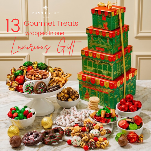 Christmas Gift Basket – Four-Tier Tower of Holiday Chocolates, Caramels & Treats