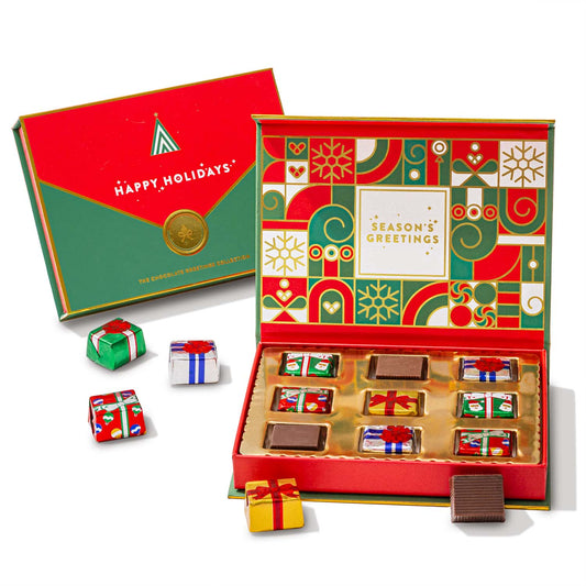 Merry Christmas Holiday Greetings Card with Foiled Chocolate Gift Boxes